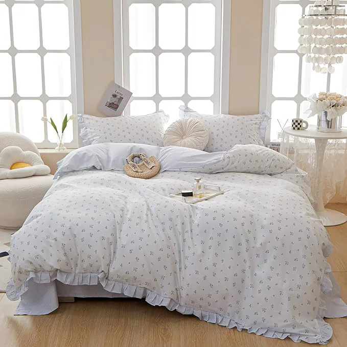 Convenient VM VOUGEMARKET Lightweight Ruffle Comforter Set with Flower Pattern Twin XL 68 x 90 Inches Reversible Blue Bedding Comforter – for Teen Girls 39 Bedrooms Prestigious