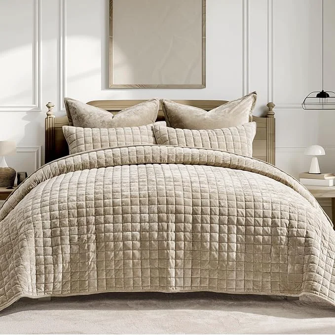 Enhanced RECYCO Luxury Velvet Quilt Set Full Queen Size Bedding Sets Ultra Soft Velvet Comforter Set Lightweight Channel Box Stitch Oversized Bedspread Coverlet for All Season with 2 Shams Urban Taupe Sustainable