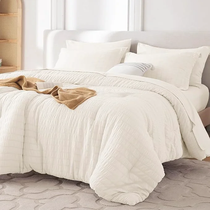 Artisan MUXHOMO 7 Pieces Full Comforter Set Seersucker Bed in a Bag Full Size All Season Luxury Bedding Set with Comforter Flat Sheet Fitted Sheet Pillowcases amp Shams Ivory Authentic