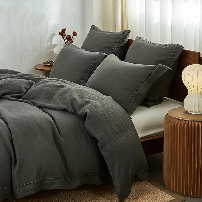 Premium Simple amp Opulence Washed Linen Duvet Cover with Embroidered 3 Pieces Soft Farmhouse Comforter Set with Button Closure 1 Duvet Cover and 2 Pillowshams Queen Charcoal Grey Classic