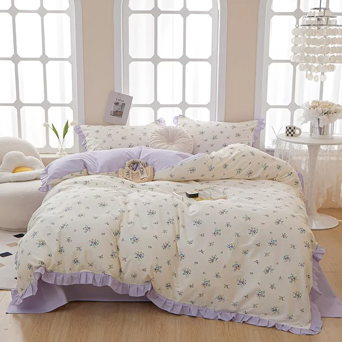 Luxury VM VOUGEMARKET Twin XL Comforter Set Twin Garden Botanical Lavender Flower Bedding Set Lace Ruffle Comforter and 2 Pillow Shams for Girls Women 3pcs Twin XL Traditional