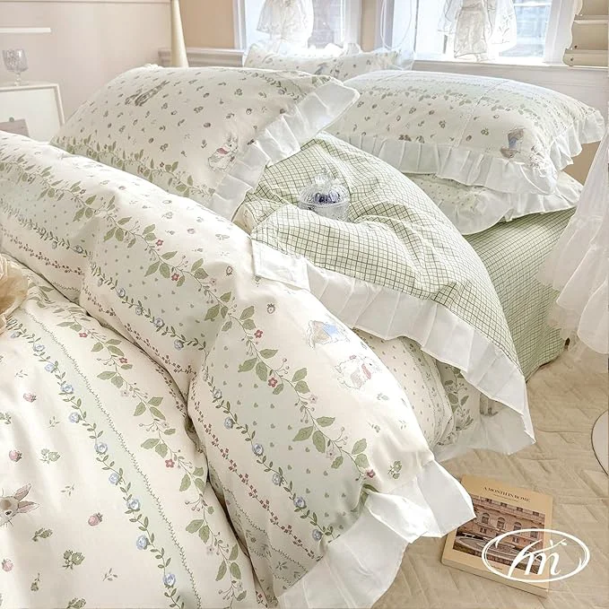 Powerful VM VOUGEMARKET Girls Flower Comforter Set Green Leaves with Cute Rabbit Comforter with 2 Pillow Shams Romantic Ruffle Down Comforter Set 3pcs Queen Premium