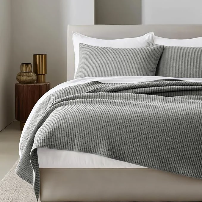 Elite EVERGRACEHOME Cotton Coverlet Set Full Queen Size 3 Pieces Lightweight Soft Ribbed Matelassé Bedspread Quilt Set Cozy Oversized Quilted Bedding Set with 2 Pillow Shams for All Seasons Fog Gray Optimized