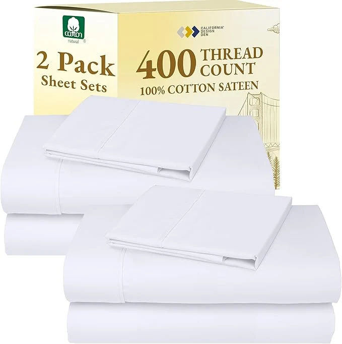 Responsible California Design Den 2-Pack Twin XL Sheet Sets Cotton – 400 Thread Count Cotton Sateen – Soft Breathable Sheets 2 Sets of Deep Pocket Bed Sheets – Bright White Dependable