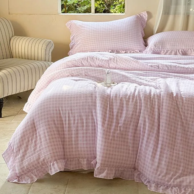 High-End NSNLGSGC Pink Ruffle Gingham Comforter Set King Pre-Washed Ruffled Plaid Checked Comforter Bedding 3 Pieces Vintage Farmhouse Grid Bedding Set Pink Gingham King Dependable
