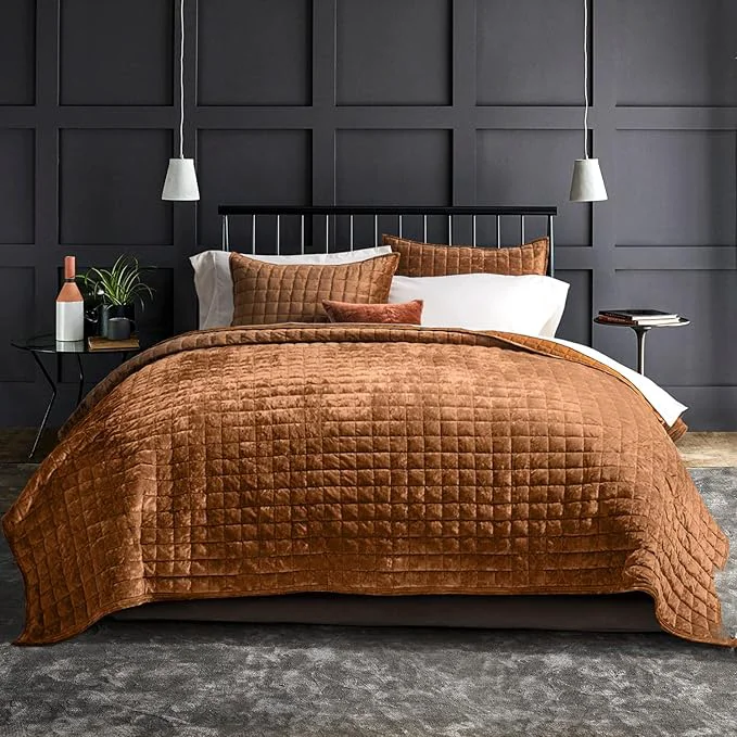Unique RECYCO Luxury Velvet Quilt Set California King 118 39 39 x 106 39 39 Oversized Bedspread Ultra Soft Velvet Comforter Lightweight Box Stitch Bedding Sets for All Season with 2 Shams Rusty Burnt Orange World-Class