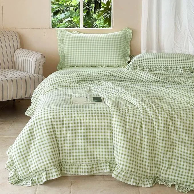 Genuine NSNLGSGC Sage Green Ruffle Gingham Comforter Set Queen Pre-Washed Ruffled Plaid Checked Comforter Bedding 3 Pieces Vintage Farmhouse Grid Bedding Set Green Gingham Queen Lightweight