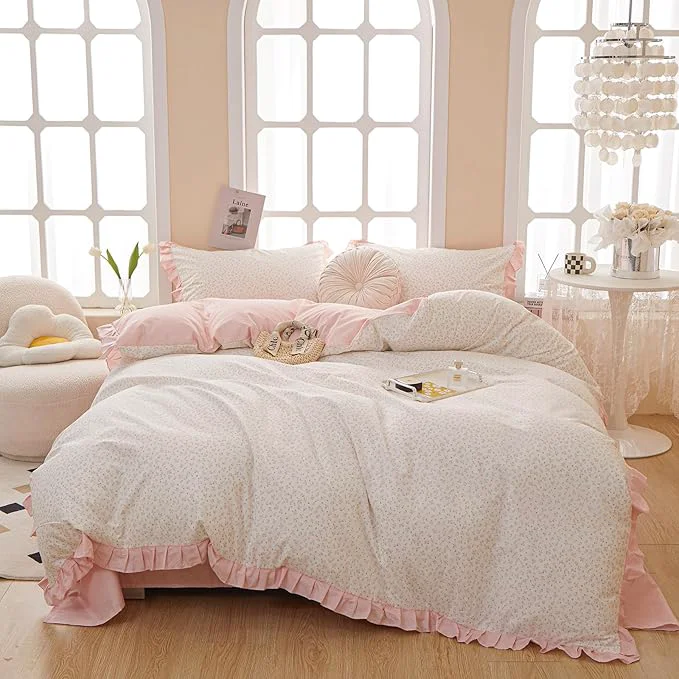 Detailed VM VOUGEMARKET Queen Comforter Set Pink Floral Comforter Romantic Girls Ruffle Lace Bedding Set Soft Lightweight Girls Comforter with 2 Pillow Shams
