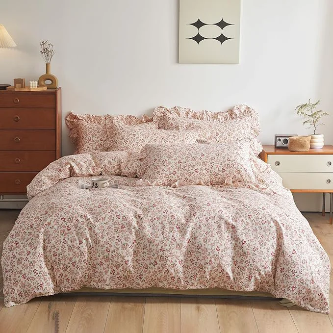 Smart VM VOUGEMARKET Girls Comforter Set with Pink Red Flower Pattern Elegant Floral Bedding Comforter with 2 Ruffle Pillow Shams Cottagecore Comforter Set 3 pcs Twin XL Contemporary