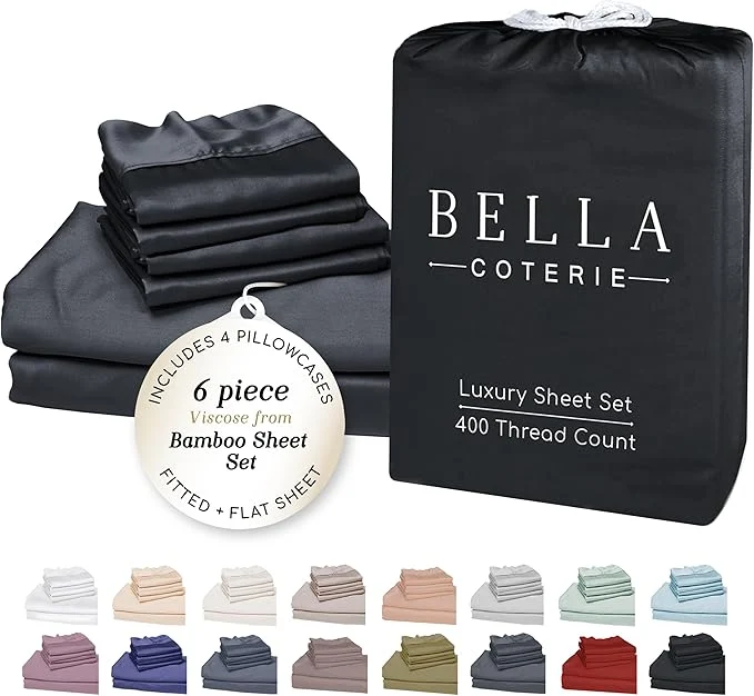 Responsible Bella Coterie 6 Piece Luxury Bamboo Viscose California King Size Sheet Set Organically Grown Cooling for Hot Sleepers 18 quot Deep Pocket Soft amp Hypoallergenic 4 Pillowcases Black Natural