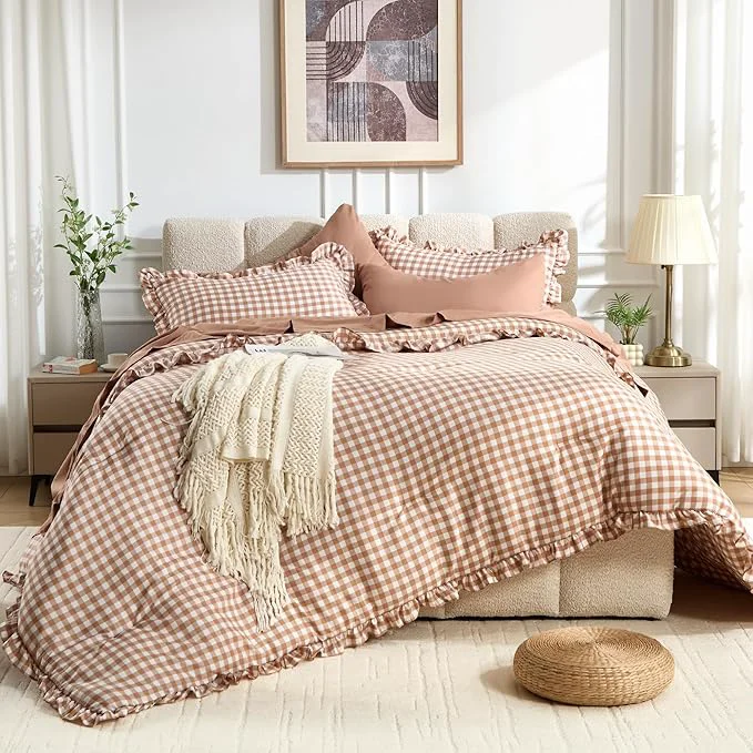 Fast BDEUS 7 Pieces Gingham Ruffle Comforter Set Queen Size Brown Grid Tartan Bedding Set Soft Breathable Fabric Comforter with Flat Sheet Fitted Sheet 2 Pillowcases amp 2 Shams 88 quot X88 quot Fashionable