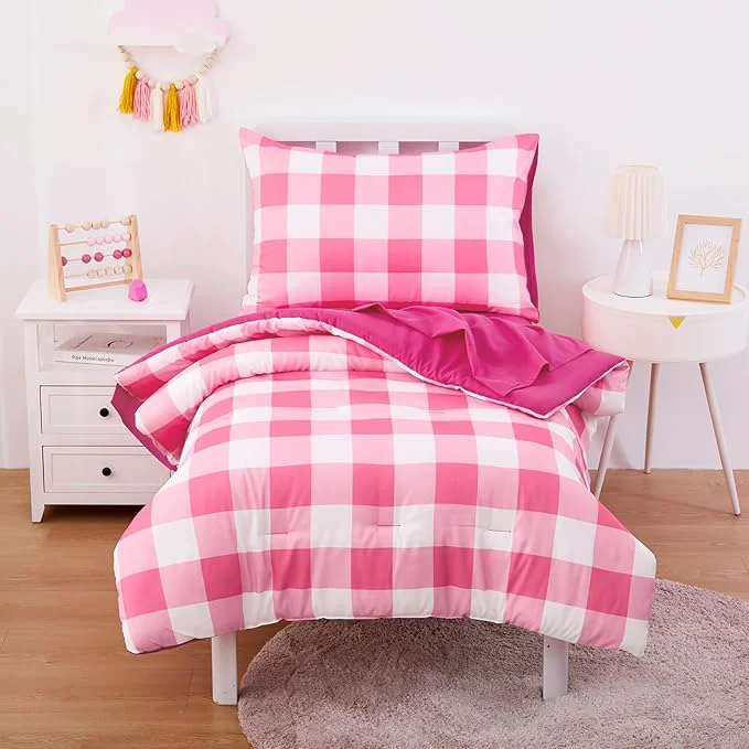 Stylish Wake In Cloud – Gingham Toddler Bedding Set for Girls Boys Cute Plaid Buffalo Check 4 Pieces Soft Crib Bed Set Including Comforter Sheets and Pillowcase Hot Pink Quality