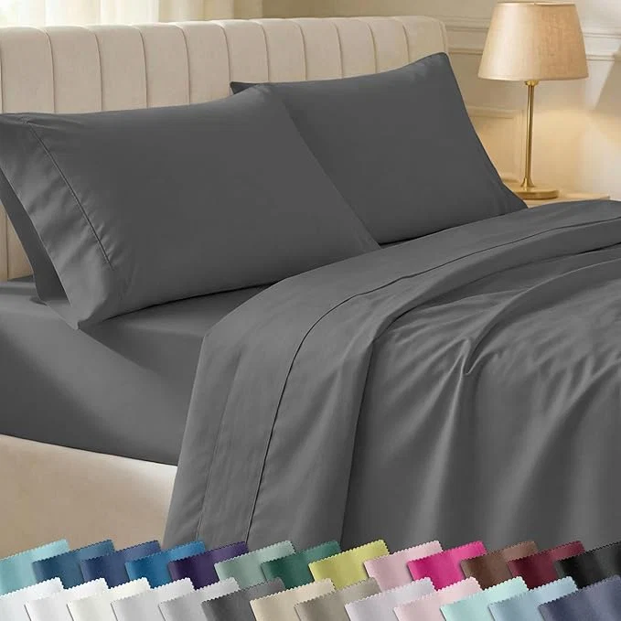Authentic California Design Den King Size Sheet Set – Soft 400 Thread Count Sateen Natural Cotton Sheets Deep Pockets with All-Around Elastic for a Snug Fit Durable Bedding Set – Grey Functional