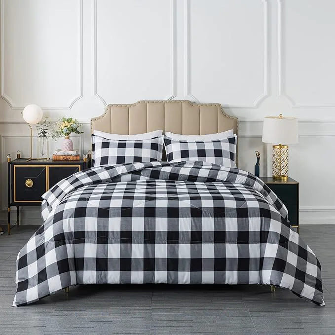 Optimized Caressma Buffalo Plaid Comforter Set King Black White Grid Plaid Comforter Bedding Set for All Seasons Classic Gingham Pattern Print Soft Microfiber 3 Pieces Comforter with Pillowcases Reusable