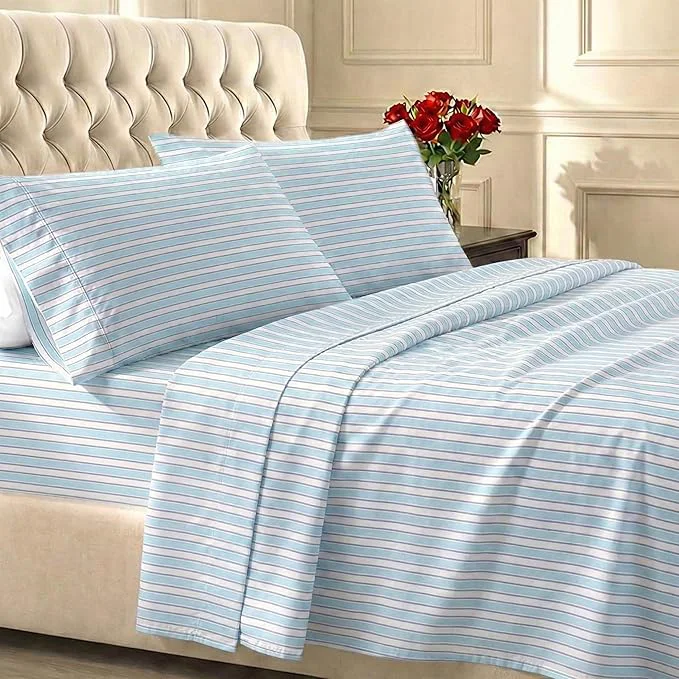 World-Class California Design Den Deep Pocket Twin Sheets Set – 400 Thread Count Sateen Natural Cotton Sheets and Durable Bedding Set – Cape Stripe Secure