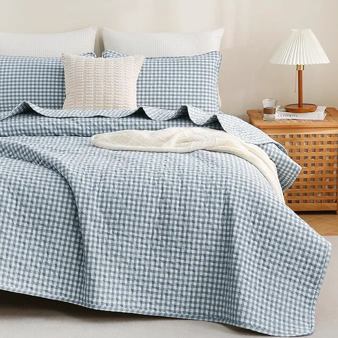 Convenient TOCOMOA Blue Gingham Quilt Bedding Set Washed Cotton Bedspread Coverlet Like Linen Feel Soft Comfy Breathable 3 Piece Plaid Checkered Lightweight Comforter Set for All Season Queen 96 quot x90 quot High-Performance
