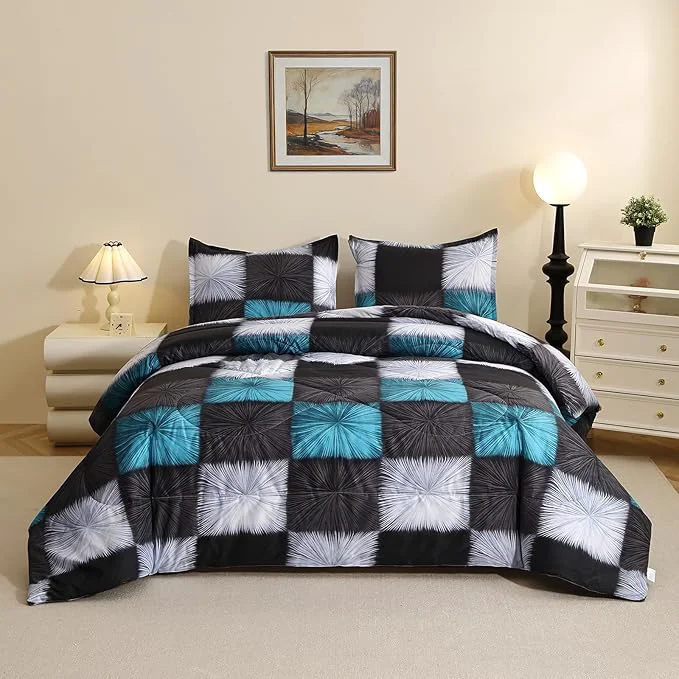 Smart Caressma Twin Comforter Set White and Blue Plaid Black and White Checkered Comforter Bedding Set Fluffy Black Grid Home Decor for All Seasons Natural
