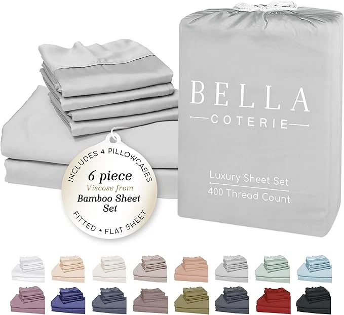 Advanced Bella Coterie 6 Piece Luxury Bamboo Viscose Split Top King Size Sheet Set 34 quot Split for Adjustable Beds Organically Grown Cooling 18 Deep Pocket 4 Pillowcases Grey Mist Convenient