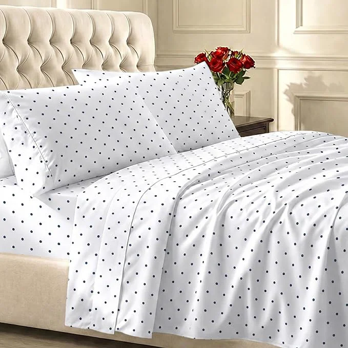 Specialty California Design Den Printed Twin XL Sheet Sets – 400 Thread Count Sateen Natural Cotton Sheets Deep Pockets and Durable Bedding Set – Polka Dot Enhanced