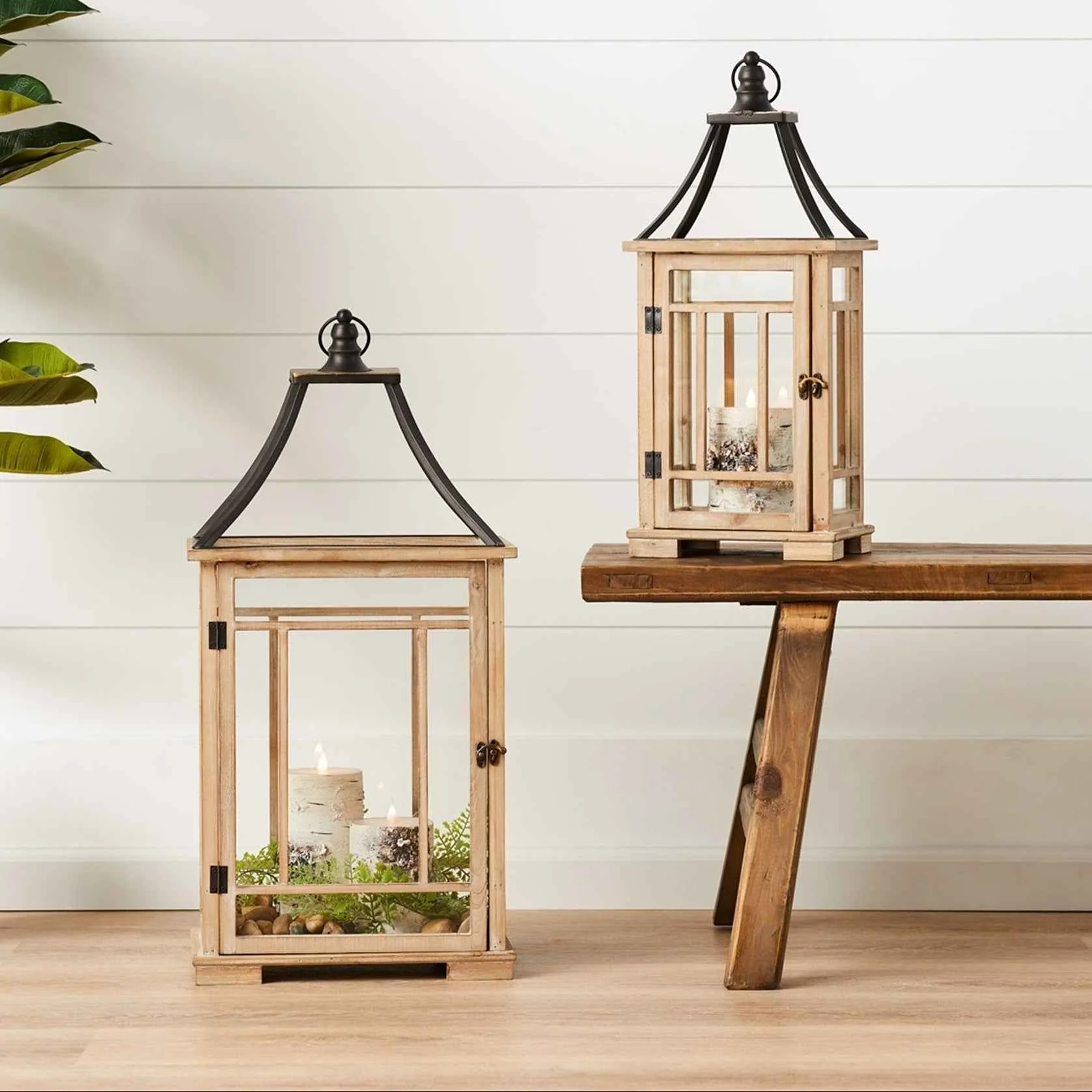 Powerful Set of 2 Natural Wood Lanterns with Open Metal Lid – Rustic Farmhouse Home Decor Decorative Wood Lanterns Healthy