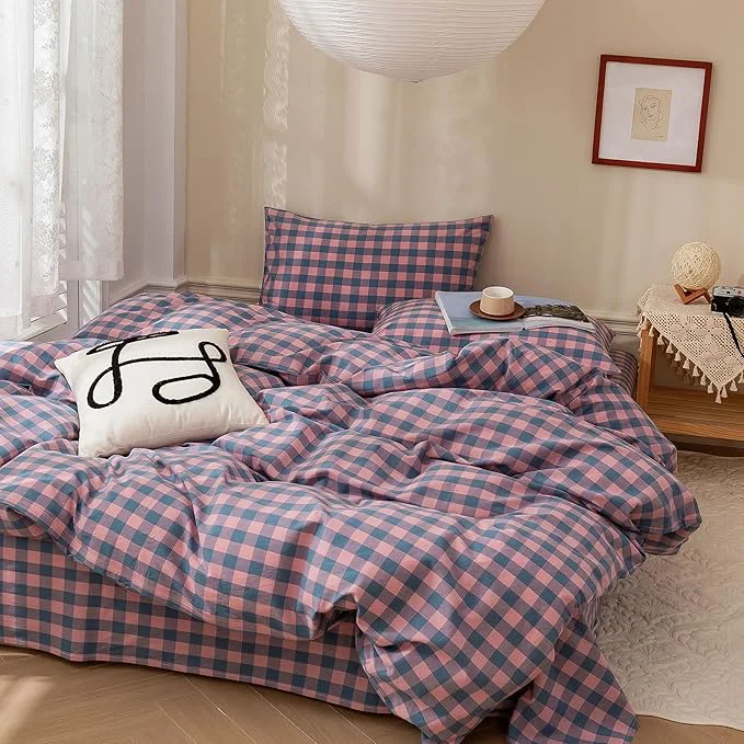 Functional EAVD Gingham Comforter Set Full Purple Pink Grid Plaid Comforter Set Soft Fluffy Grid Checkered Pattern Bedding Set with 2 Pillowcases Modern Farmhouse Gingham Bedding Set for All-Season Reusable