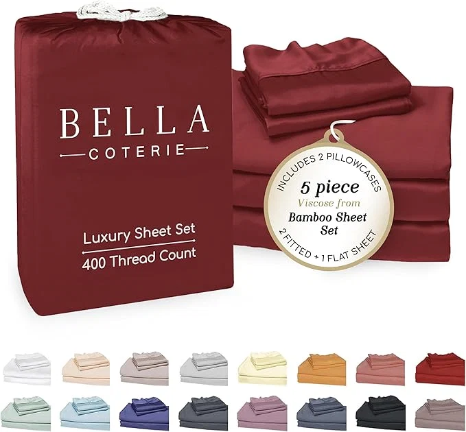 Bella Coterie Luxury Bamboo Viscose Split King Size Sheet Set 2 Fitted Sheets for Sleep Number amp Adjustable Beds Organically Grown Cooling amp Ultra Soft 18 Deep Pocket Merlot Practical