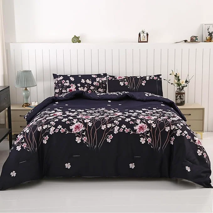 Outstanding SDIII Navy Blue Floral Comforter Set Queen 3 Pieces Soft Microfiber Lightweight Floral Queen Comforter Set Vintage Bedding for All Season Smart