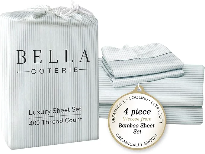 Green Bella Coterie Luxury Bamboo Viscose Queen Size Sheet Set Organically Grown Ultra Soft Cooling for Hot Sleepers 18 quot Deep Pocket Striped Coastal Blue Exclusive
