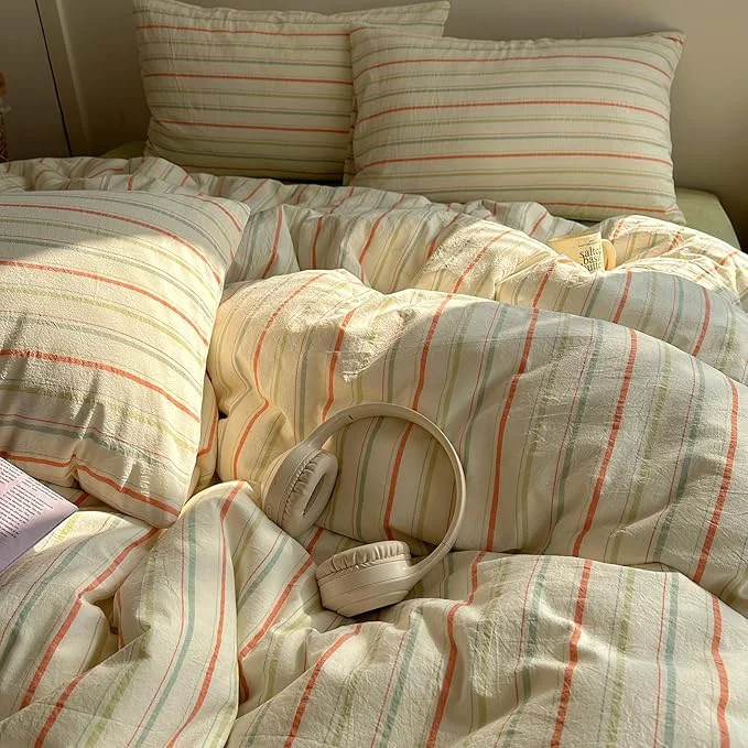 Recyclable EAVD Vintage Colorful Striped Comforter Set Twin XL Soft Cotton 3-Piece Retro Vertical Striped Bedding Set with 2 Pillowcases Boho Geometric Comforter Set for All-Season Orange amp Yellow amp Green Twin XL Reusable
