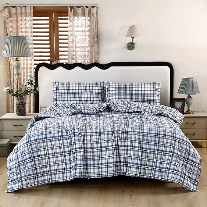SDIII 3PCS Blue Gingham Comforter Set Twin Washed Microfiber Lightweight Blue Gingham Bedding Set Twin Farmhouse Shabby Chic Checkered All Season Relaxed