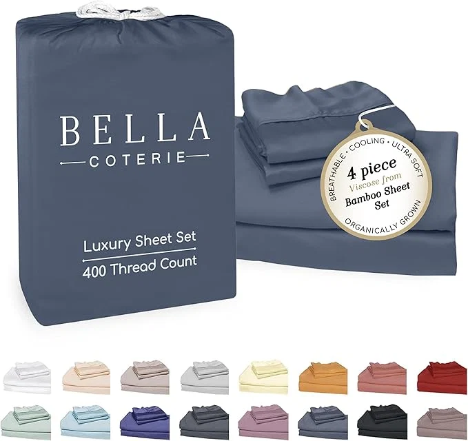 Classic Bella Coterie Luxury Bamboo Viscose Cal King Size Sheet Set Organically Grown Ultra Soft Cooling for Hot Sleepers 18 quot Deep Pocket Slate Blue Safe