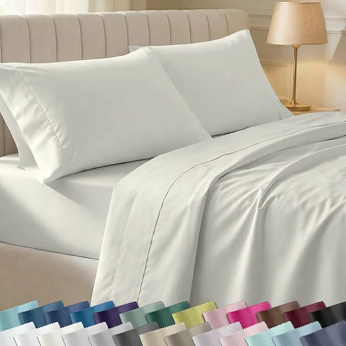 Pure California Design Den Soft Twin Sheets Set – 400 Thread Count Sateen Natural Cotton Sheets Deep Pockets and Durable Bedding Set for Dorm Rooms amp Adults – Ivory Pale Tone Enhanced