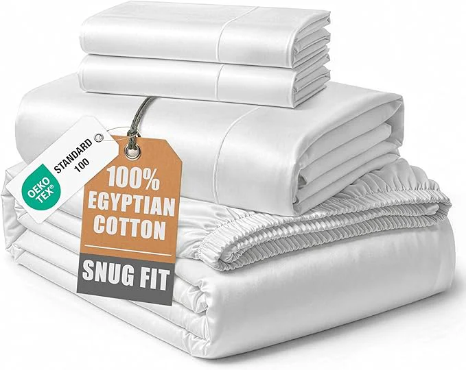 Unique Egyptian Cotton Sheets Queen Size – Naturally Cooling amp Breathable 4 Piece Silky Sateen Weave Queen Sheet Set Ultra-Soft amp Durable Hotel Luxury Sheets with 15 quot Snug Fit Deep Pockets – White