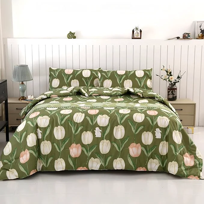Sustainable SDIII Rabbit and Green Floral Comforter Set Full 3 Pieces Soft Microfiber Green Floral Comforter Full Size Botanical Bedding Set All Season Optimized
