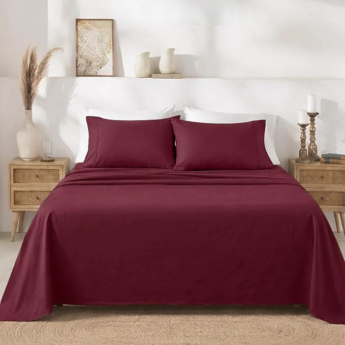 Artisan California Design Den King Size Sheets Set – Soft 400 Thread Count Sateen Natural Cotton Sheets with Deep Pockets Breathable and Durable Bedding Set – Burgundy Red Contemporary