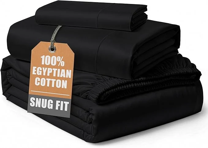 Refined LANE LINEN Egyptian Cotton Twin Sheet Set Fully Elasticized Reinforced Seams Extra Deep Pocket Twin Sheets No Pill Fade Resistant Cooling Bedding Sheets amp Pillowcase Set – Black Consistent