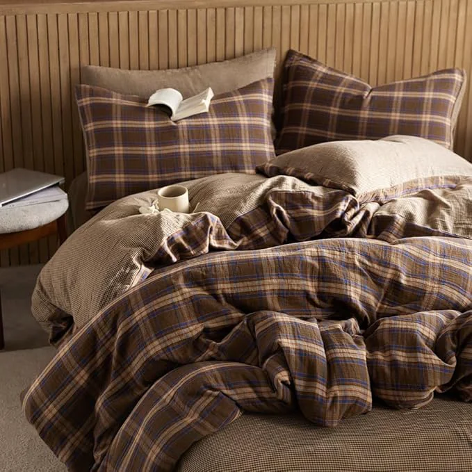 Quality EAVD Vintage Gingham Comforter Set King Brown Blue Red Grid Checked Bedding Set Soft Muslin Cotton Retro Brown Plaid Comforter Set with 2 Pillowcases Farmhouse Plaid Bedding Set for All-Season Trusted