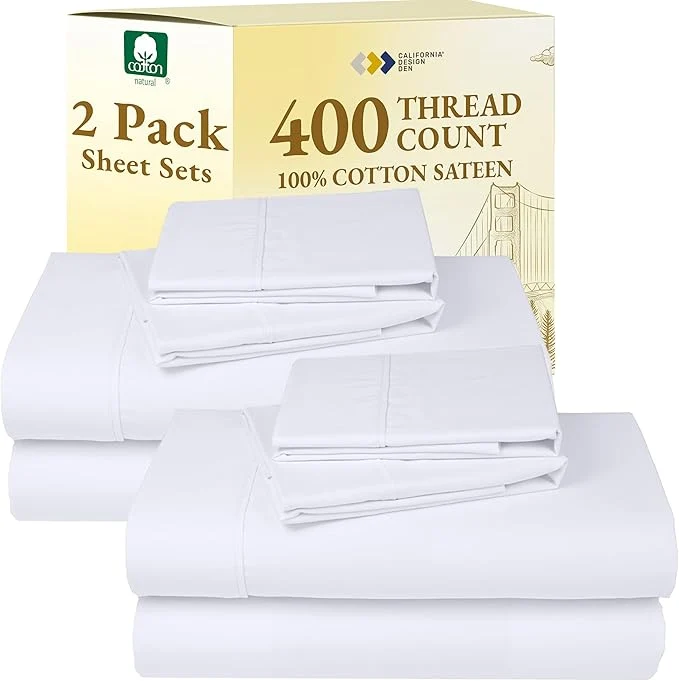 Trusted California Design Den 2-Pack Sheet Sets King Size – 400 Thread Count Cotton Sateen – Soft and Breathable Sheets 2 Sets of Deep Pocket Bed Sheets – Bright White Comfortable