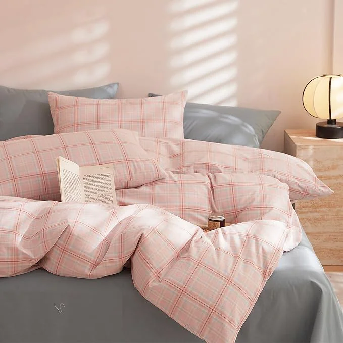Fine EAVD Pink Gingham Comforter Set Twin XL Soft Fluffy Pink Plaid Comforter Set 3 Pieces Modern Grid Checkered Pattern Bedding Set for All-Season Farmhouse Gingham Bedding Set for Boy Women Men Traditional