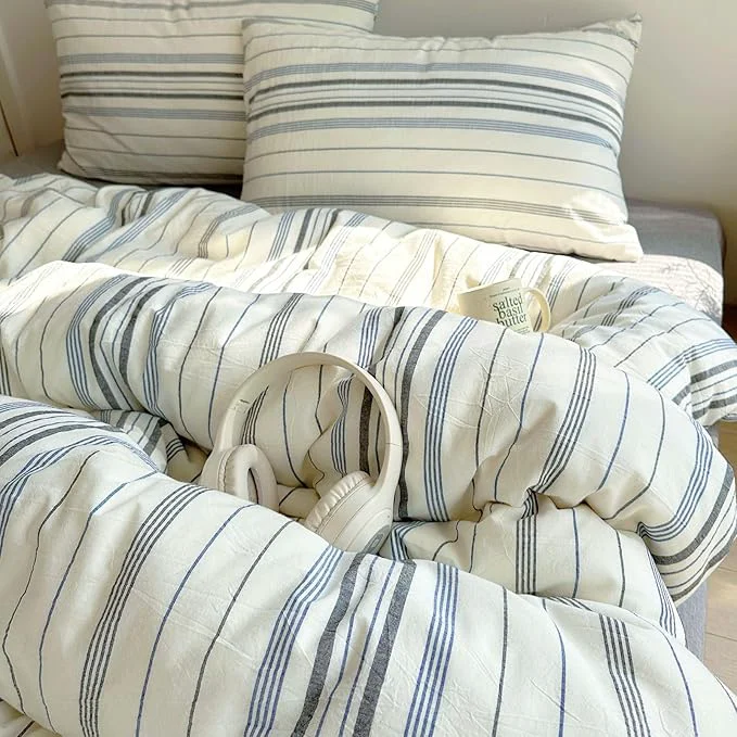 EAVD Retro Blue amp Grey Striped Comforter Set Queen Soft Cotton 3-Piece Vintage Bedding Set with 2 Pillowcases Boho Vertical Stripes Geometric Comforter Set for All-Season Breathable Lightweight Exclusive