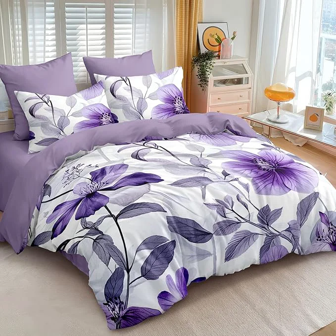 Crafted Nayoroom Purple Floral Comforter Set Queen Size Lavender Blooming Flower Leaf Printed Spring Comforter 3 Pcs Soft Lightweight Cottagecore Bedding Set for All Seasons 1 Comforter 2 Pillowcases Innovative