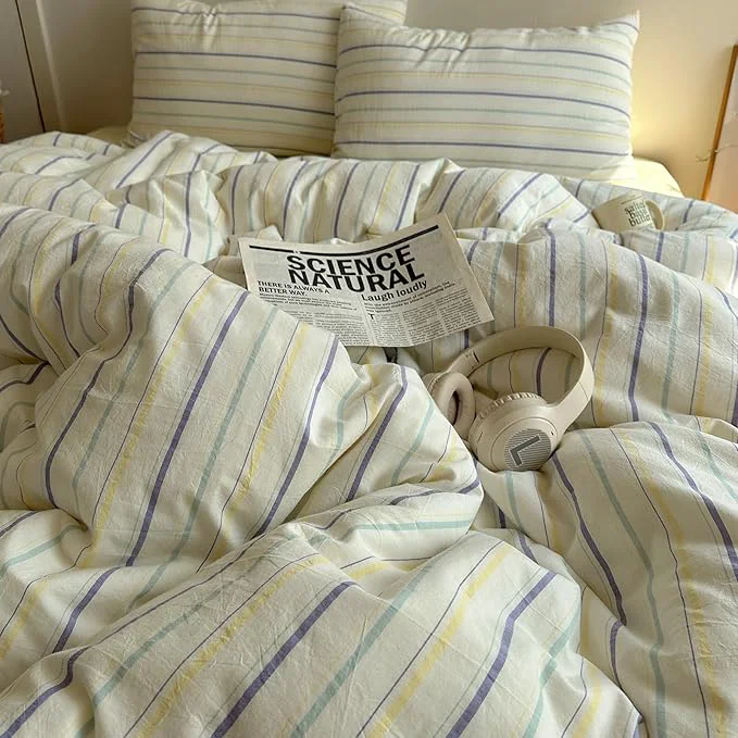 Reliable EAVD Vintage Colorful Striped Comforter Set Full Soft Cotton 3-Piece Retro Vertical Striped Bedding Set with 2 Pillowcases Boho Geometric Comforter Set for All-Season Purple amp Yellow amp Blue Full Sustainable