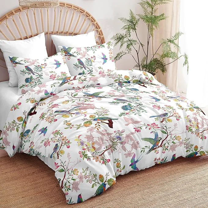 Fine Nayoroom White Floral Comforter Set Queen Size Blue Pink Bird Flower Botanical Pattern Spring Bedding Set 3 Pieces Soft Lightweight Aesthetic Garden Comforter for All Seasons Contemporary