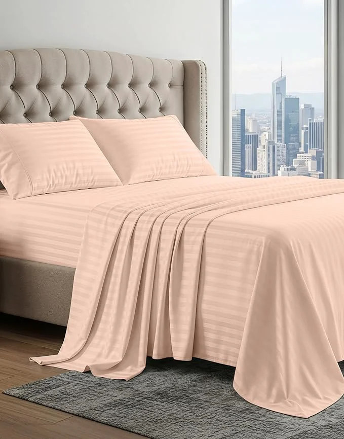 Verified LANE LINEN Egyptian Cotton King Sheets Set Soft amp Comfy Sateen Weave Mercerized Cotton Sheets King Fully Elasticized Reinforced French Seam Fitted King Bed Sheets Damask Stripe – Veiled Rose Stylish