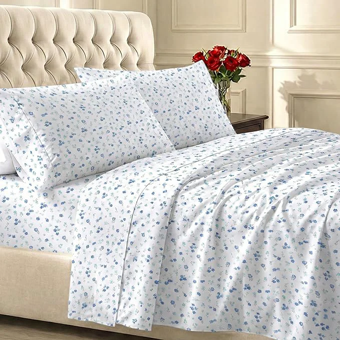 Solid California Design Den Floral Pattern King Size Sheets Set – 400 Thread Count Soft Sateen Natural Cotton Sheets Deep Pockets and Durable Bedding Set – Blooming Meadows Organic
