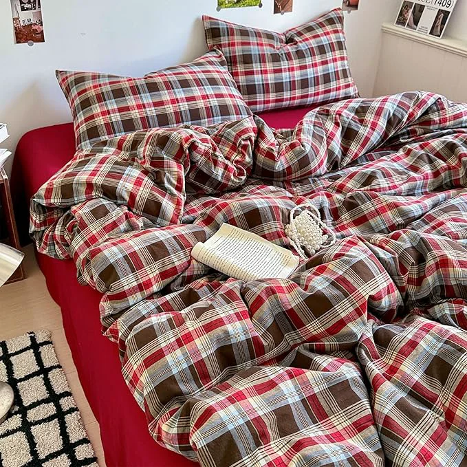 Stylish EAVD Vintage Style Red amp Brown Buffalo Plaid Comforter Set King Soft Washed Cotton Chic Grid Checkered Ginham Bedding Set with 2 Pillowcases Farmhouse Geometric Comforter Set for All-Season Convenient
