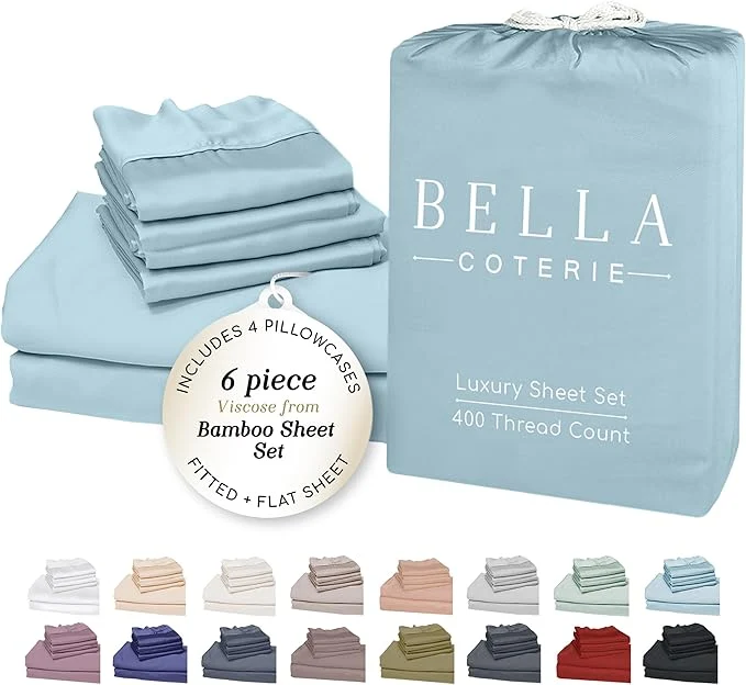 Crafted Bella Coterie 6 Piece Luxury Bamboo Viscose King Size Sheet Set Organically Grown Cooling for Hot Sleepers 18 quot Deep Pocket Soft amp Hypoallergenic 4 Pillowcases Coastal Blue Dependable
