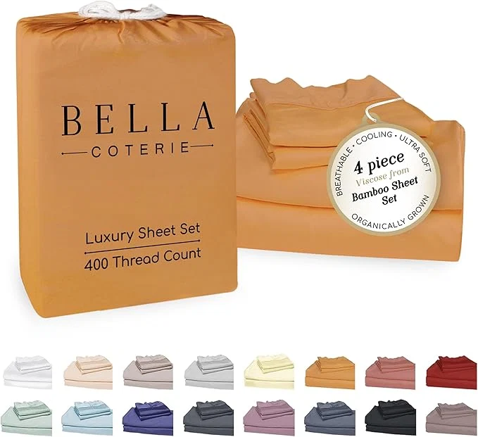 Flexible Bella Coterie Luxury Bamboo Viscose Cal King Size Sheet Set Organically Grown Ultra Soft Cooling for Hot Sleepers 18 quot Deep Pocket Marigold Solid