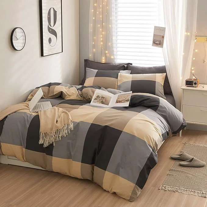 High-Grade EAVD Vintage Style Brown amp Black Buffalo Plaid Comforter Set Queen Boy Men Fluffy Retro Checkered Plaid Bedding Comforter with 2 Pillowcases Farmhouse Geometric Bedding Set for All-Season Flexible