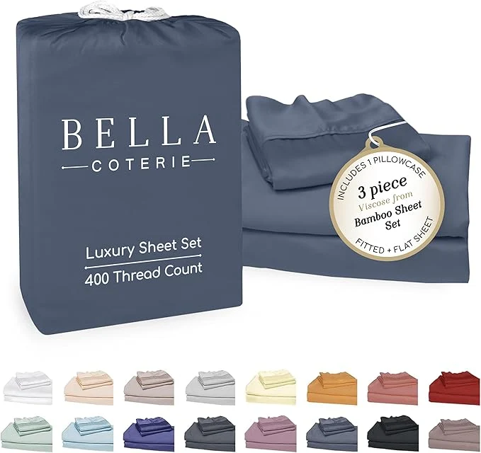 Premium Material Bella Coterie Luxury Bamboo Viscose Twin XL Size Sheet Set Organically Grown Ultra Soft Cooling for Hot Sleepers 18 quot Deep Pocket Slate Blue Proven